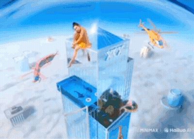 A Man Is Sitting On Top Of A Building Surrounded By A Helicopter GIF