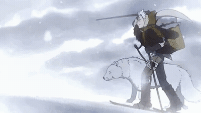 A Man Is Skiing With A Wolf On A Sled In The Snow . GIF