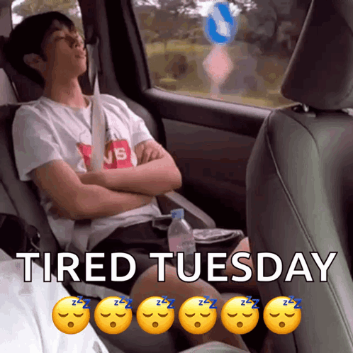 A Man Is Sleeping In The Back Seat Of A Car With The Words Tired Tuesday Written Above Him GIF