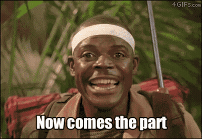 A Man Is Smiling And Holding An Umbrella With The Words Now Comes The Part Above Him GIF