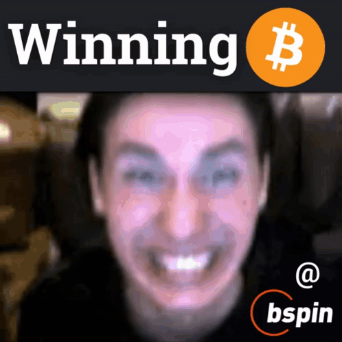Smiling Man In Front Of Winning Sign And Bitcoin GIF