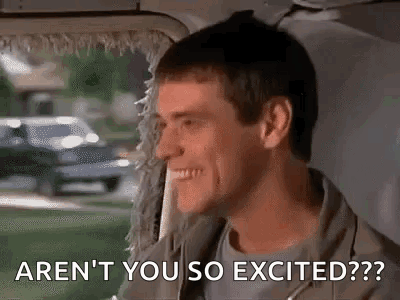 A Man Is Smiling While Sitting In The Back Seat Of A Car And Says `` Aren 'T You So Excited ? '' GIF