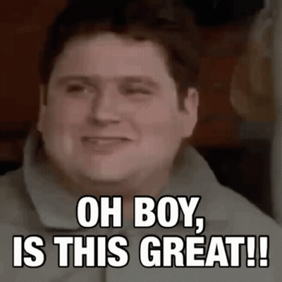 A Man Is Smiling With The Words `` Oh Boy , Is This Great ! '' GIF