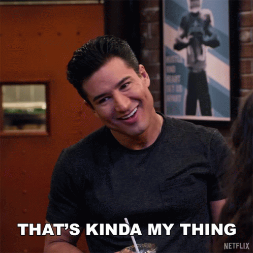A Man Is Smiling With The Words That 'S Kinda My Thing Below Him GIF