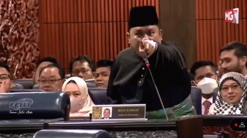 A Man Is Speaking Into A Microphone In Front Of A Crowd In A Parliament . GIF