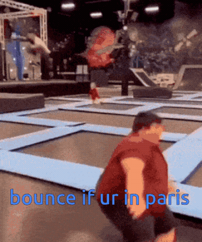 A Man Is Squatting On A Trampoline With The Words " Bounce If Ur In Paris " Written Below Him GIF