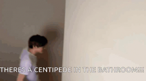 A Man Is Standing In A Bathroom With The Words `` There Is A Centipede In The Bathroom ! '' GIF