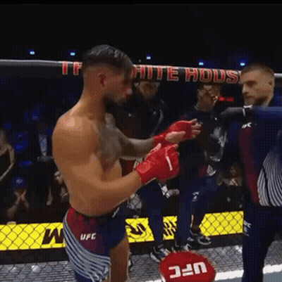 A Man Is Standing In A Boxing Ring With A Sign That Says Ufc On It GIF