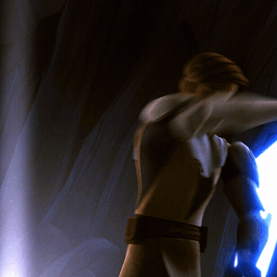 A Man Is Standing In A Dark Room With A Light Shining Through The Curtains GIF