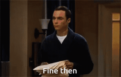 A Man Is Standing In A Hallway With His Hands In The Air And Says Fine Then GIF