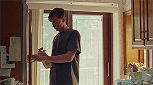 A Man Is Standing In A Kitchen Next To A Window . GIF