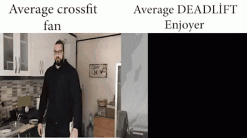 A Man Is Standing In A Kitchen With A Sign That Says ' Average Crossfit Fan ' On It GIF
