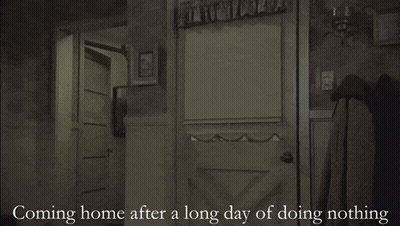 A Man Is Standing In A Kitchen With The Words Coming Home After A Long Day Of Doing Nothing Below Him GIF