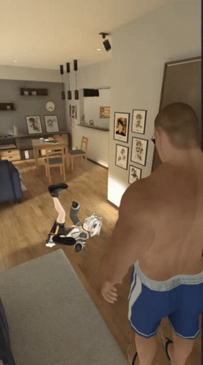 A Man Is Standing In A Living Room With A Girl On The Floor GIF
