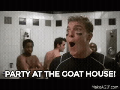 A Man Is Standing In A Locker Room With His Mouth Open And Says `` Party At The Goat House '' . GIF