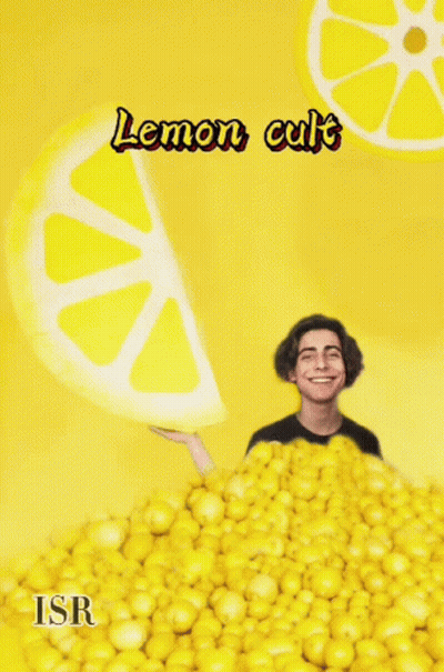 A Man Is Standing In A Pile Of Lemons With The Words Lemon Cult Written On The Bottom GIF