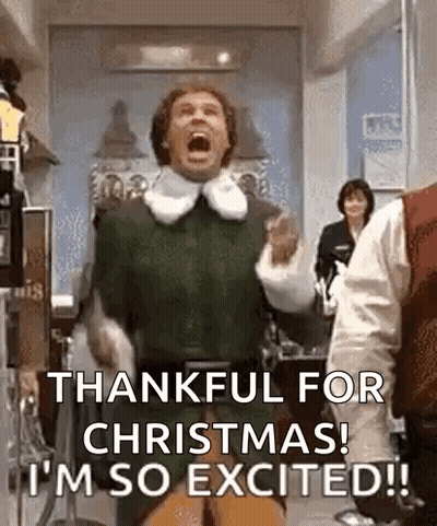 A Man Is Standing In A Room With His Mouth Open And Saying `` Thankful For Christmas I 'M So Excited ! '' GIF