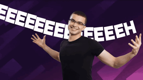 A Man Is Standing In Front Of A Banner That Says Eeee GIF