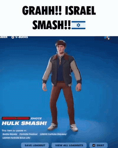 A Man Is Standing In Front Of A Blue Background In A Video Game And Says `` Grahh ! Israel Smash ! '' GIF