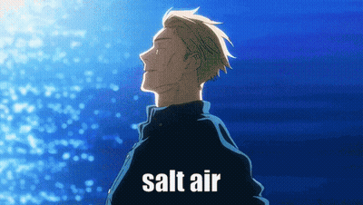 A Man Is Standing In Front Of A Blue Background With The Words Salt Air Written On The Bottom GIF