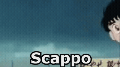 A Man Is Standing In Front Of A Blue Sky With The Word Scappo Written On The Bottom . GIF
