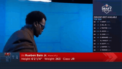 A Man Is Standing In Front Of A Blue Wall With The Words Draft Center On The Top Left GIF