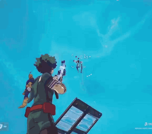 A Man Is Standing In Front Of A Box In A Video Game With A Rocket Coming Out Of It . GIF