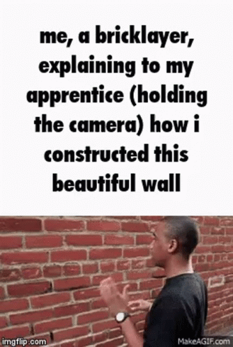 A Man Is Standing In Front Of A Brick Wall And Explaining To His Apprentice How He Built This Beautiful Wall . GIF