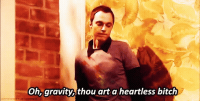 A Man Is Standing In Front Of A Brick Wall And Saying " Oh Gravity Thou Art A Heartless Bitch " . GIF