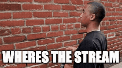 A Man Is Standing In Front Of A Brick Wall And Says Where 'S The Stream GIF