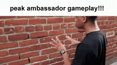 A Man Is Standing In Front Of A Brick Wall Talking To It . GIF