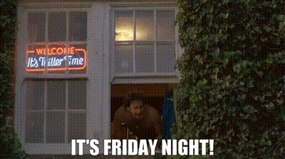 A Man Is Standing In Front Of A Building With A Neon Sign That Says `` It 'S Friday Night ! '' GIF