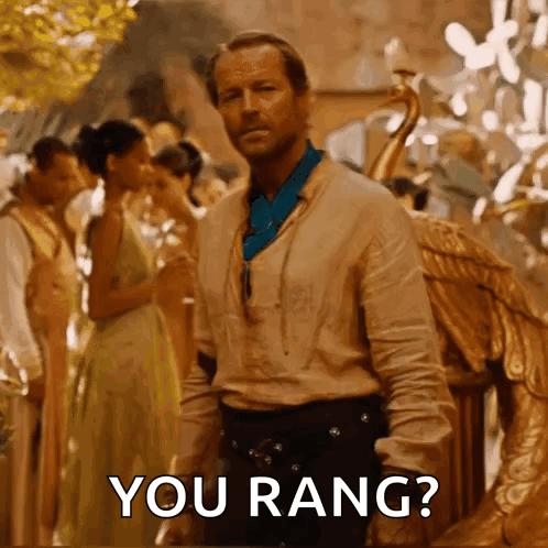 A Man Is Standing In Front Of A Crowd With The Words `` You Rang '' Written On The Screen . GIF