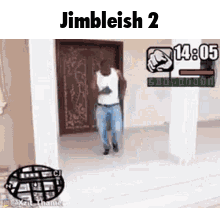 A Man Is Standing In Front Of A Door In A Video Game And Talking On A Cell Phone . GIF