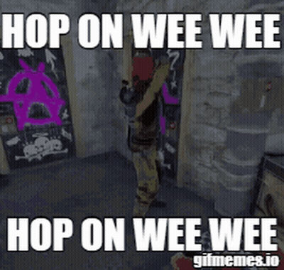 A Man Is Standing In Front Of A Door With The Words Hop On Wee Wee On It . GIF