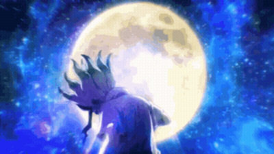 A Man Is Standing In Front Of A Full Moon In The Night Sky . GIF