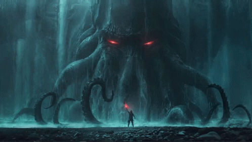 A Man Is Standing In Front Of A Giant Octopus With Red Eyes GIF