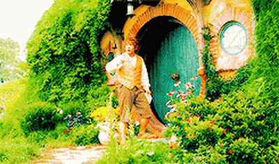 A Man Is Standing In Front Of A Hobbit House In The Woods . GIF