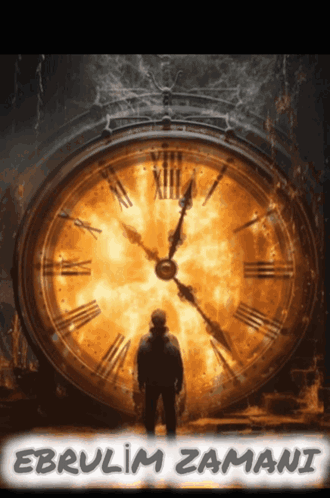 A Man Is Standing In Front Of A Large Clock That Says Ebrulim Zamani GIF