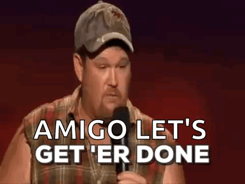 A Man Is Standing In Front Of A Microphone And Saying `` Amigo Let 'S Get 'Er Done '' . GIF