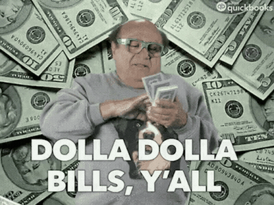 A Man Is Standing In Front Of A Pile Of Money Holding A Dog And Counting Money . GIF