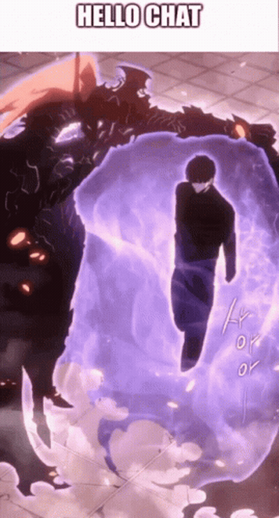 A Man Is Standing In Front Of A Purple Monster That Says Hello Chat On It GIF