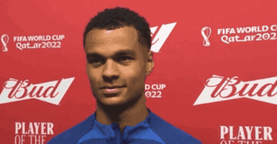 A Man Is Standing In Front Of A Red Background That Says Fifa World Cup Qatar2022 And Bud GIF