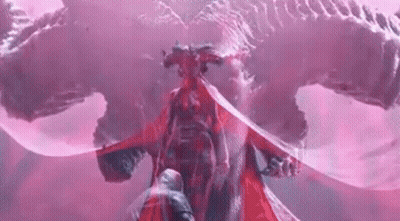 A Man Is Standing In Front Of A Red Dragon With A Sword . GIF