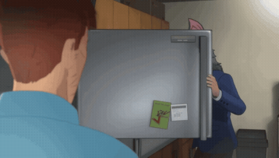 A Man Is Standing In Front Of A Refrigerator With A Note On It That Says " I 'M Sorry " GIF