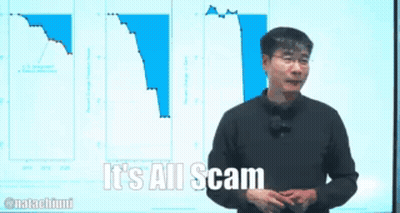 A Man Is Standing In Front Of A Screen That Says " It 'S All Scam " GIF
