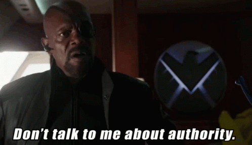 Man Standing In Front Of Shield Logo Saying Don 'T Talk To Me About Authority GIF