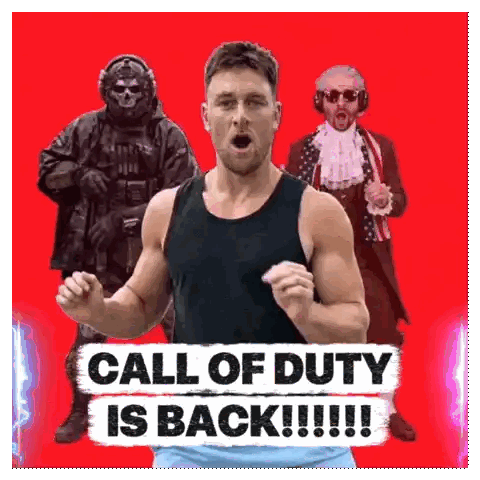 A Man Is Standing In Front Of A Sign That Says Call Of Duty Is Back !!! Sticker
