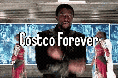 A Man Is Standing In Front Of A Sign That Says Costco Forever . GIF
