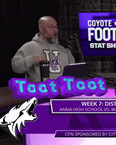 A Man Is Standing In Front Of A Sign That Says Coyote Foot Stat Show GIF